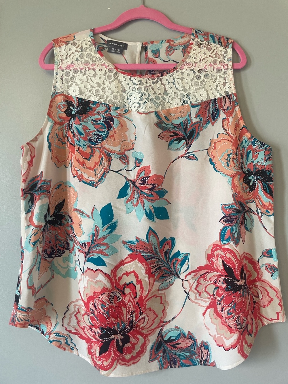 Van Heusen Floral Crochet Lace Yoke Sleeveless Top - Coral Teal Cream